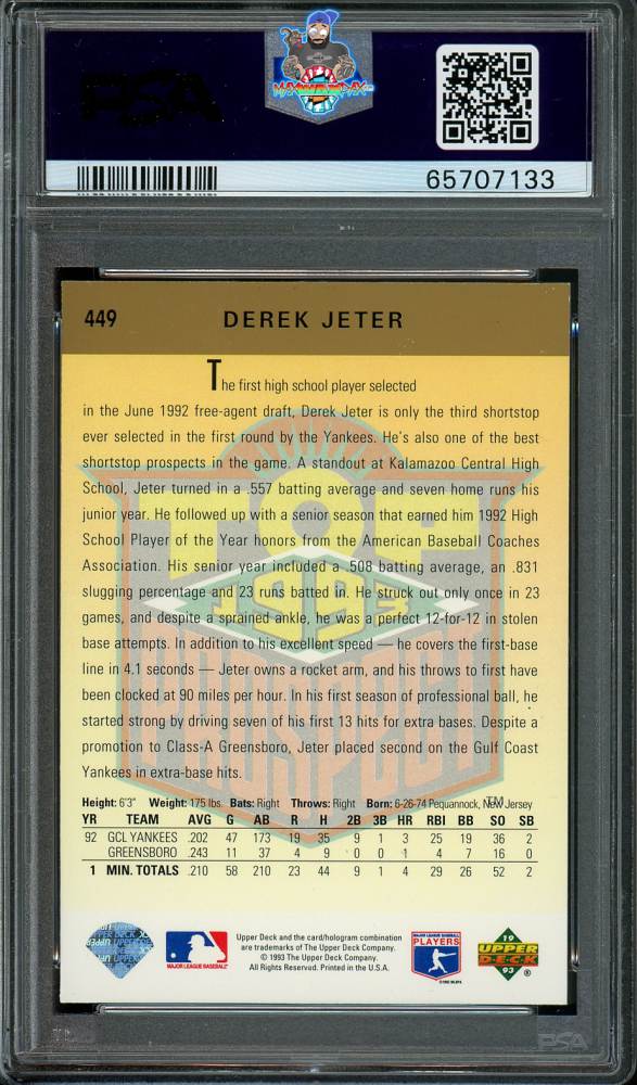 Back of 1993 Upper Deck Derek Jeter #449