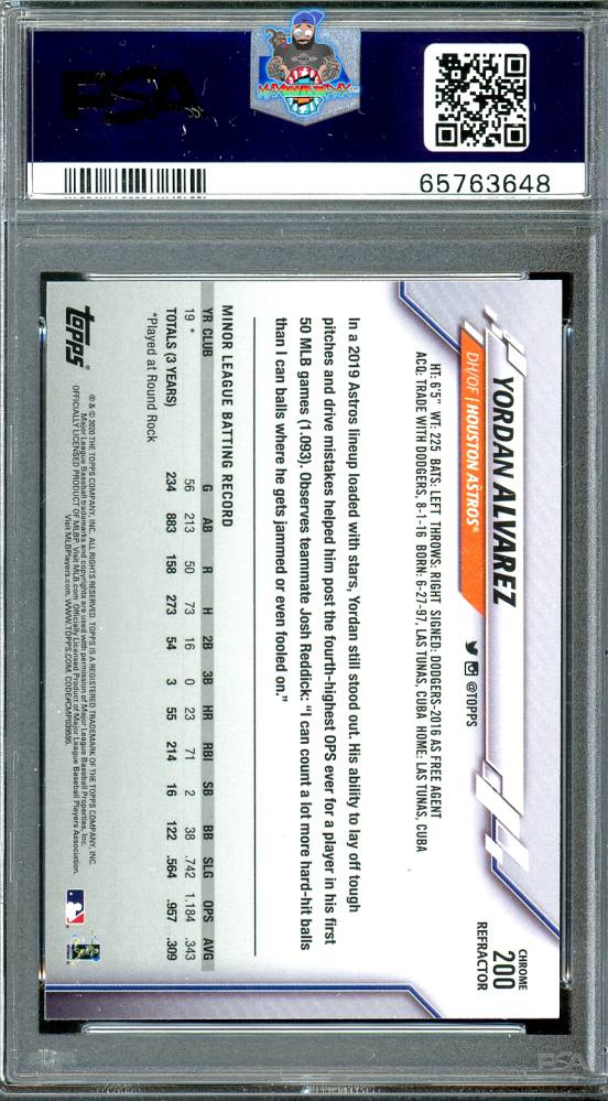 Back of 2020 Topps Chrome Xfractor Yordan Alvarez #200