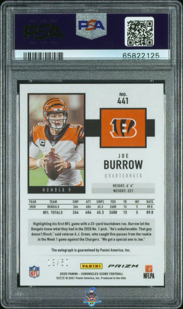 Back of 2020 Panini Chronicles Score Rookie Autograph Gold Zone Joe Burrow #441 /50