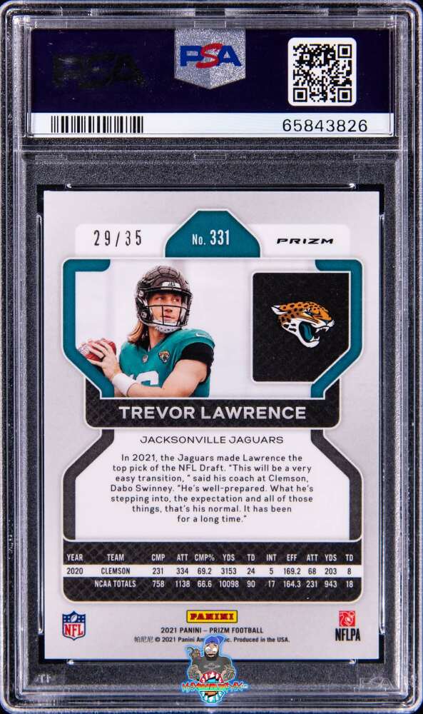 Back of 2021 Panini Prizm No Huddle Purple Disco Prizm Trevor Lawrence #331 /35