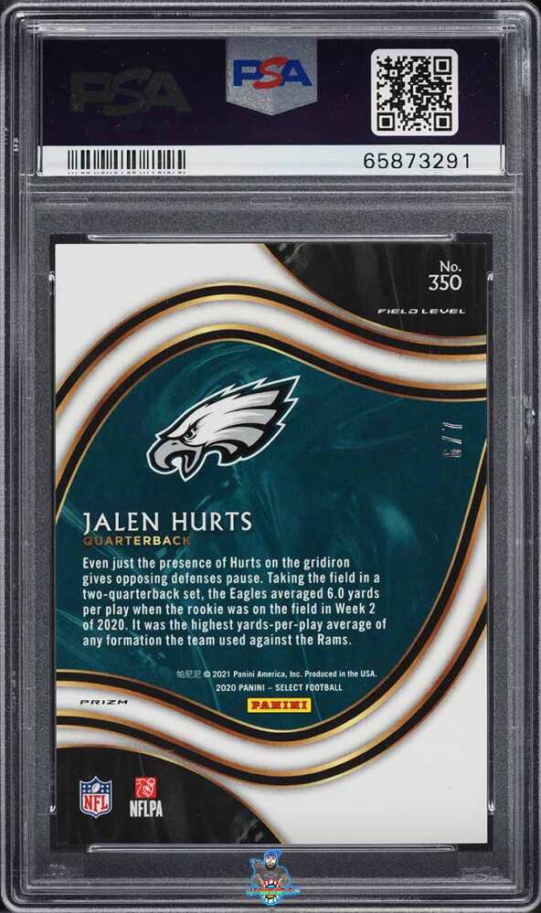 Back of 2020 Panini Select Field Level Neon Orange Pulsar Jalen Hurts #350 /7