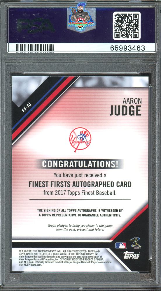 Back of 2017 Finest Firsts Autograph Green Refractor Aaron Judge #FF-AJ /99