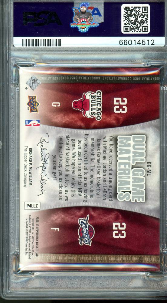 Back of 2009 Upper Deck Dual Game Materials LeBron James/Michael Jordan #DGML