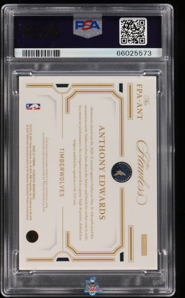 Back of 2020 Panini Flawless Patch Autograph Gold Anthony Edwards #FPA-ANT /10