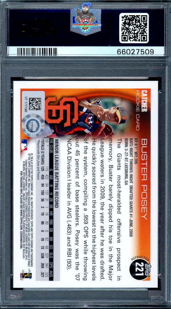 Back of 2010 Topps Chrome Wrapper Redemption Refractor Buster Posey #221