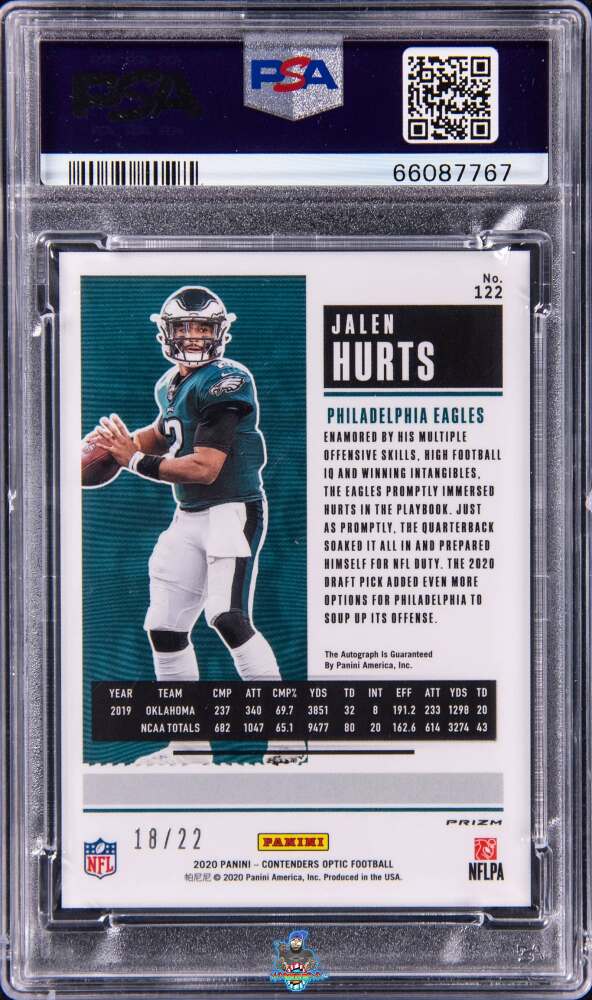 Back of 2020 Panini Contenders Optic Team Logo Rookie Ticket Autograph Cracked Ice Jalen Hurts #122 /22