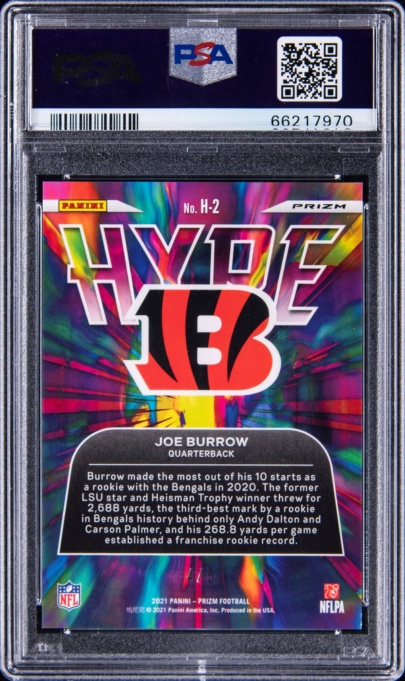Back of 2021 Panini Prizm Hype Gold Vinyl Prizm Joe Burrow #2 /5