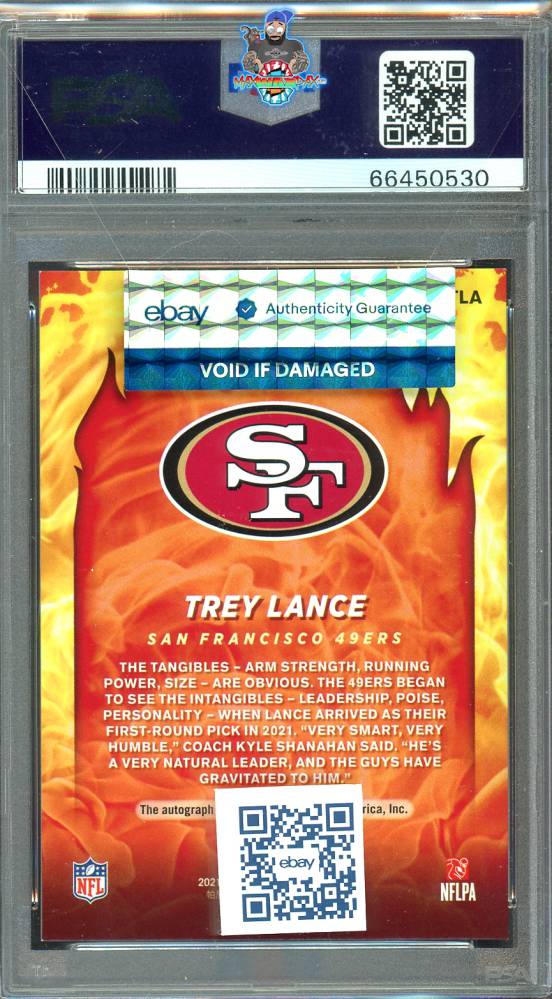 Back of 2021 Panini Donruss Red Hot Rookie Autograph Trey Lance #2 /25