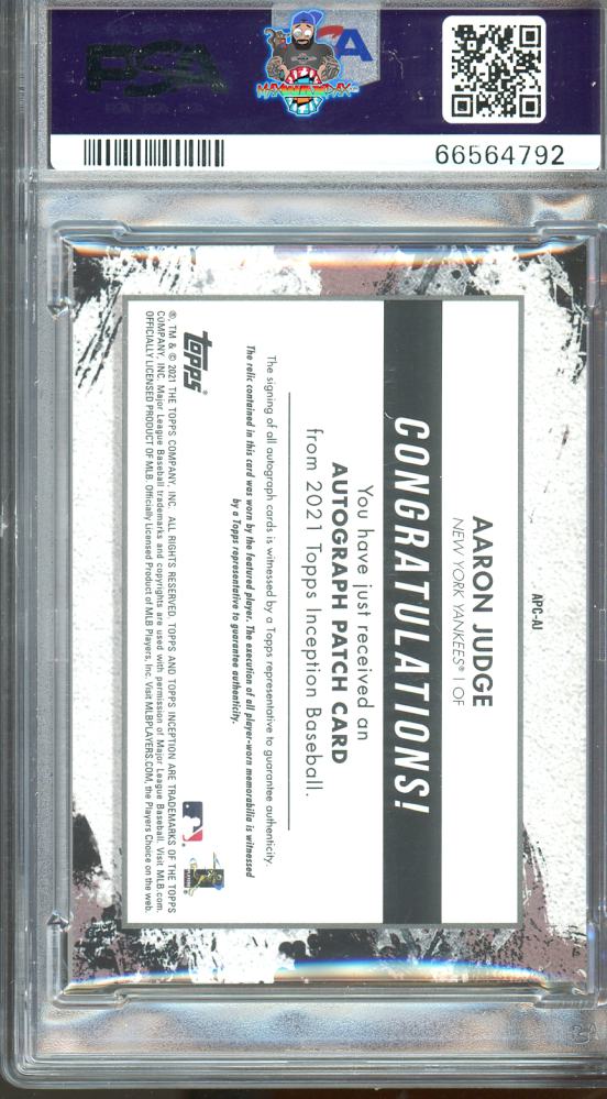 Back of 2021 Topps Inception Patch Autograph Magenta Aaron Judge #APCAJ /30