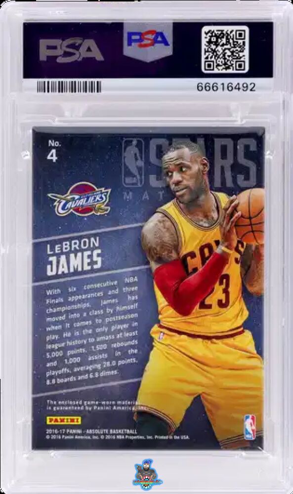 Back of 2016 Panini Absolute NBA Stars Materials Prime LeBron James #4 /10