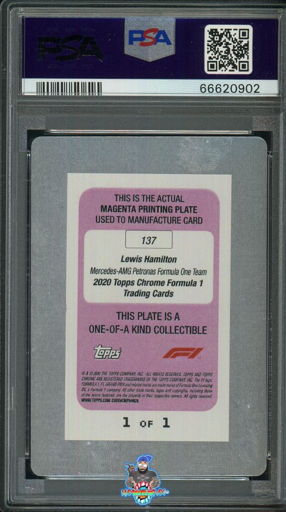 Back of 2020 Topps Chrome Formula 1 Printing Plate Magenta Lewis Hamilton #137 /1