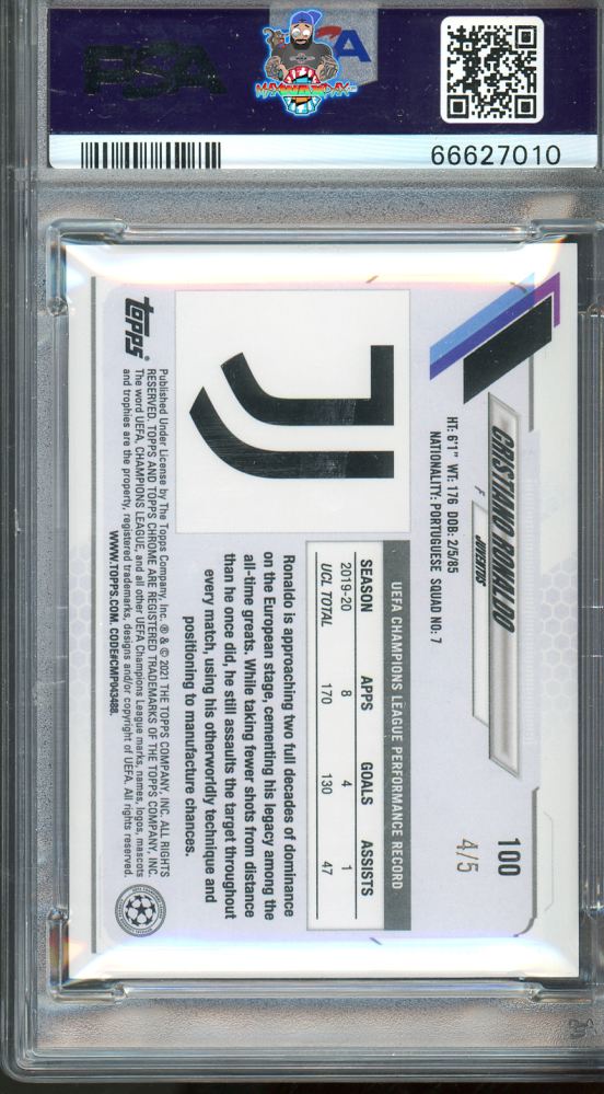 Back of 2020 Topps Chrome UEFA Champions League Red Wave Refractor Cristiano Ronaldo #100 /5