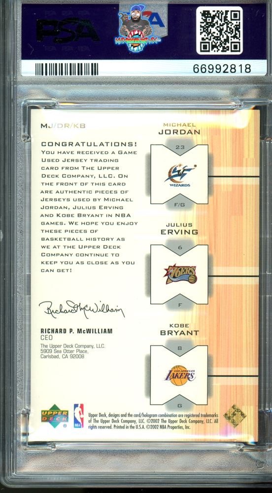 Back of 2001 Upper Deck Triple Jump Jerseys Julius Erving/Kobe Bryant/Michael Jordan #MJDRKB /25