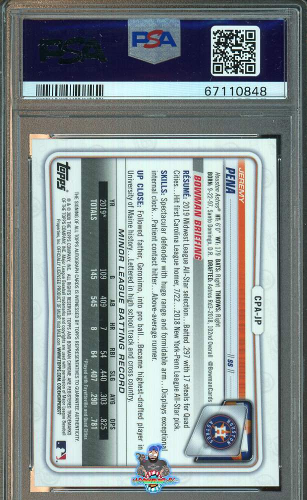 Back of 2020 Bowman Chrome Prospect Autograph Speckle Refractor Jeremy Pena #CPAJP /299