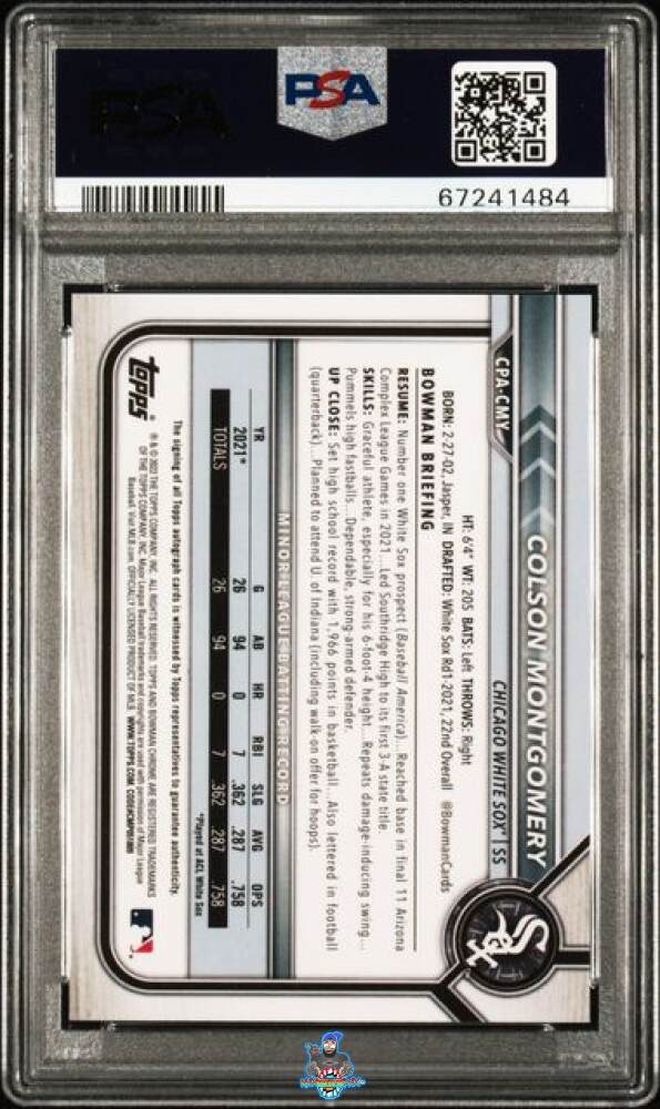Back of 2022 Bowman Chrome Prospect Autographs Red Lava Refractors Colson Montgomery #CPACMY /5