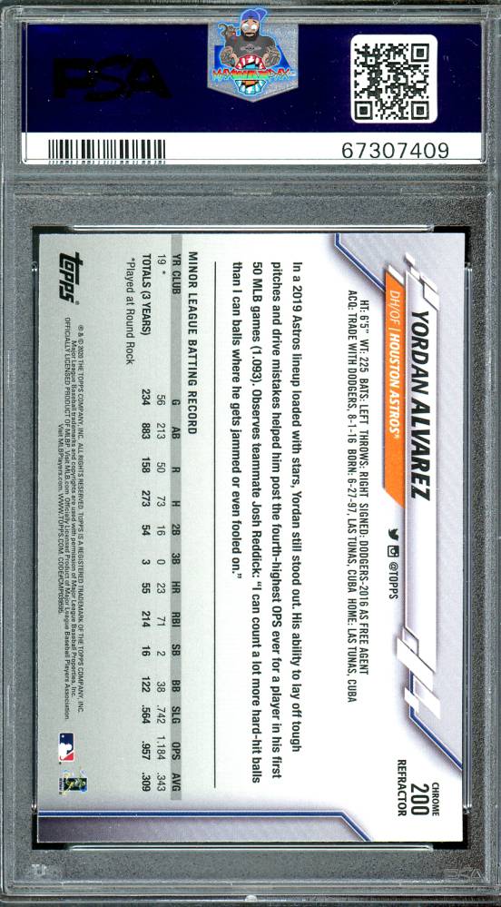 Back of 2020 Topps Chrome Sepia Refractor Yordan Alvarez #200