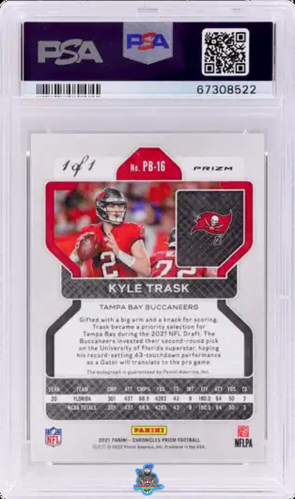 Back of 2021 Panini Chronicles Prizm Black Signature Black Finite Prizm Kyle Trask #PB-16 /1