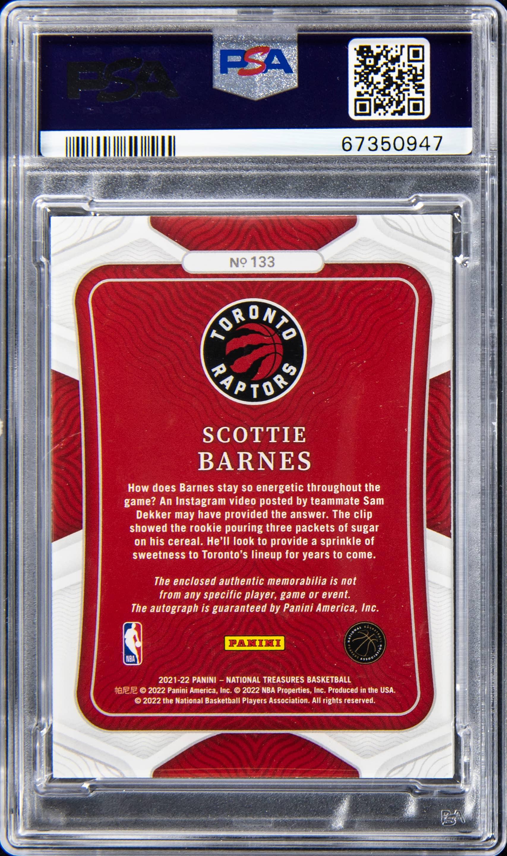 Back of 2021 National Treasures Rookie Patch Autograph Gold Fotl Scottie Barnes #133 /24