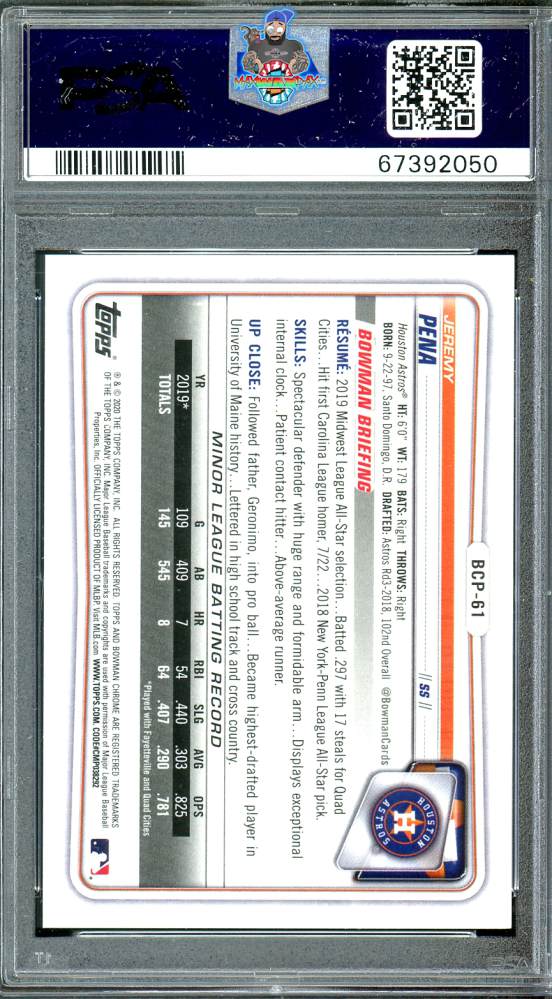 Back of 2020 Bowman Chrome Prospect Speckle Refractor Jeremy Pena #BCP61 /299
