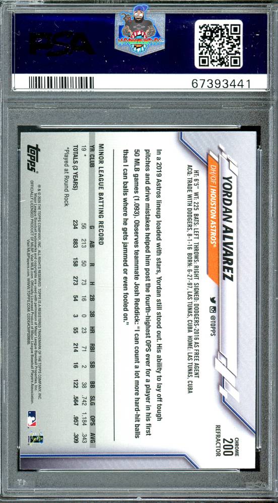 Back of 2020 Topps Chrome Refractor Yordan Alvarez #200