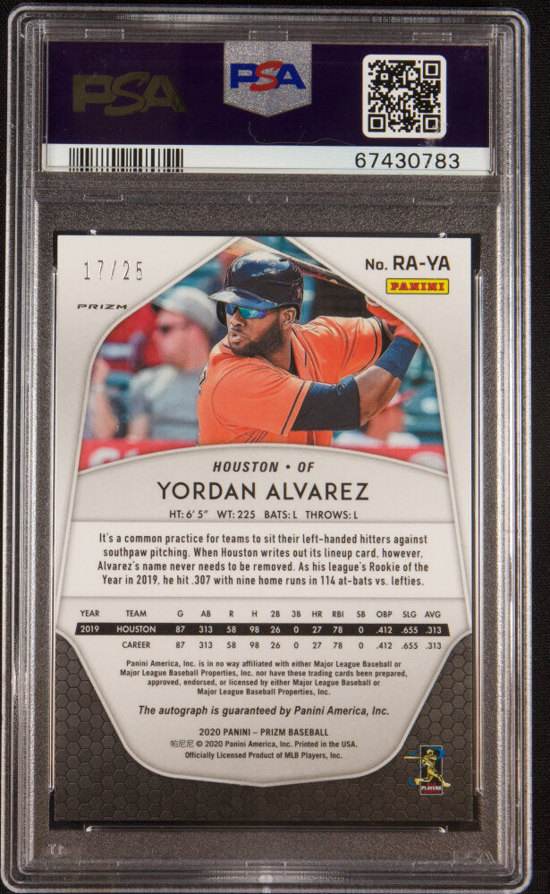 Back of 2020 Panini Prizm Rookie Autograph Pink Prizm Yordan Alvarez #49 /25