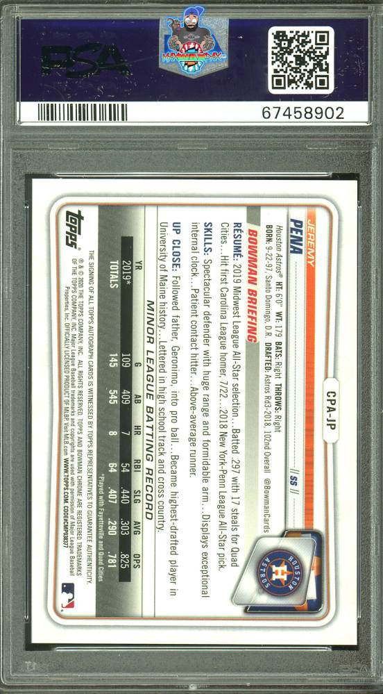 Back of 2020 Bowman Chrome Prospect Autograph Purple Refractor Jeremy Pena #CPAJP /250