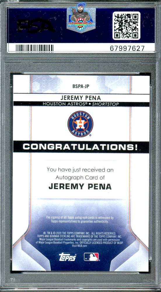 Back of 2020 Bowman Sterling Prospect Autographs Wave Refractor Jeremy Pena #BSPAJP /125