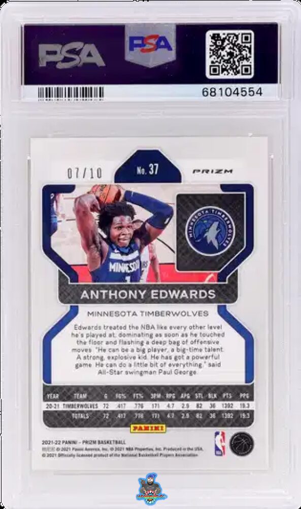 Back of 2021 Panini Prizm Gold Prizm Anthony Edwards #37 /10
