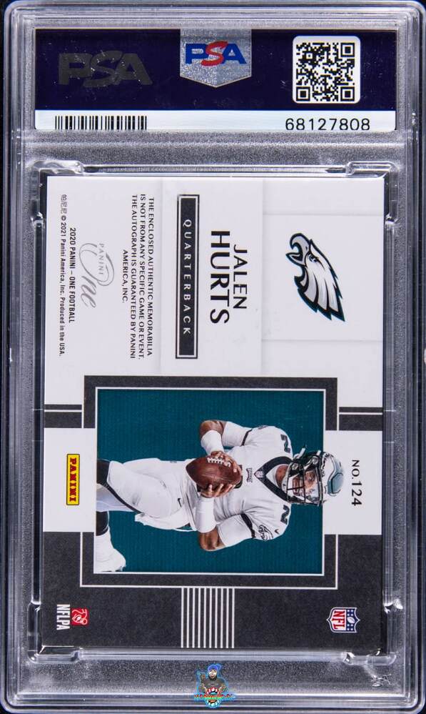 Back of 2020 Panini One Premium Rookie Patch Autograph Blue Jalen Hurts #124 /35