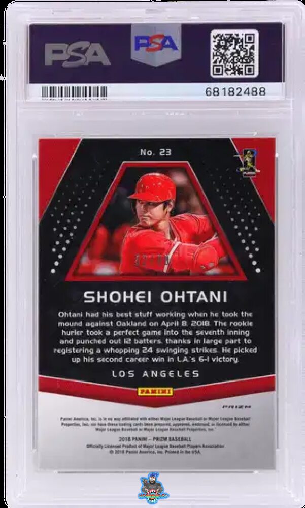 Back of 2018 Panini Prizm Purple Mojo Shohei Ohtani #23 /99