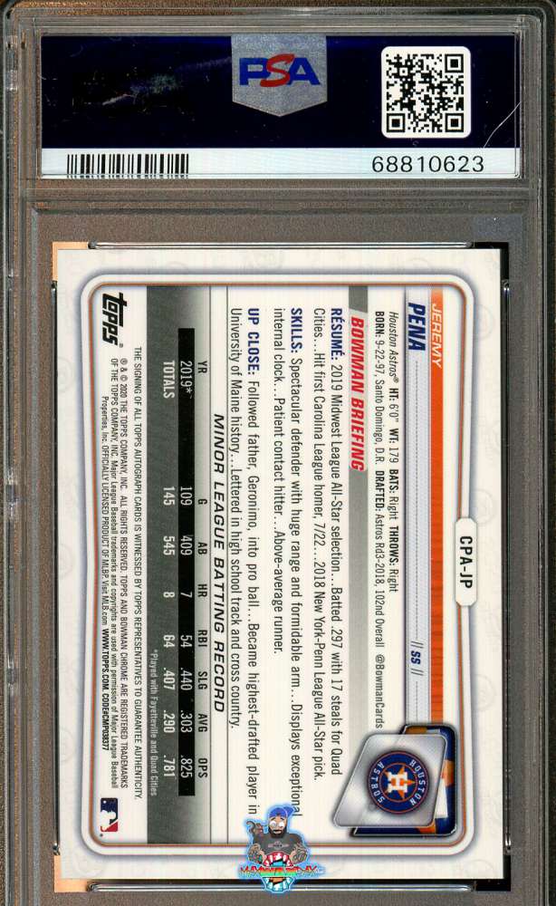 Back of 2020 Bowman Chrome Prospect Autograph Yellow Refractor Jeremy Pena #CPAJP /75