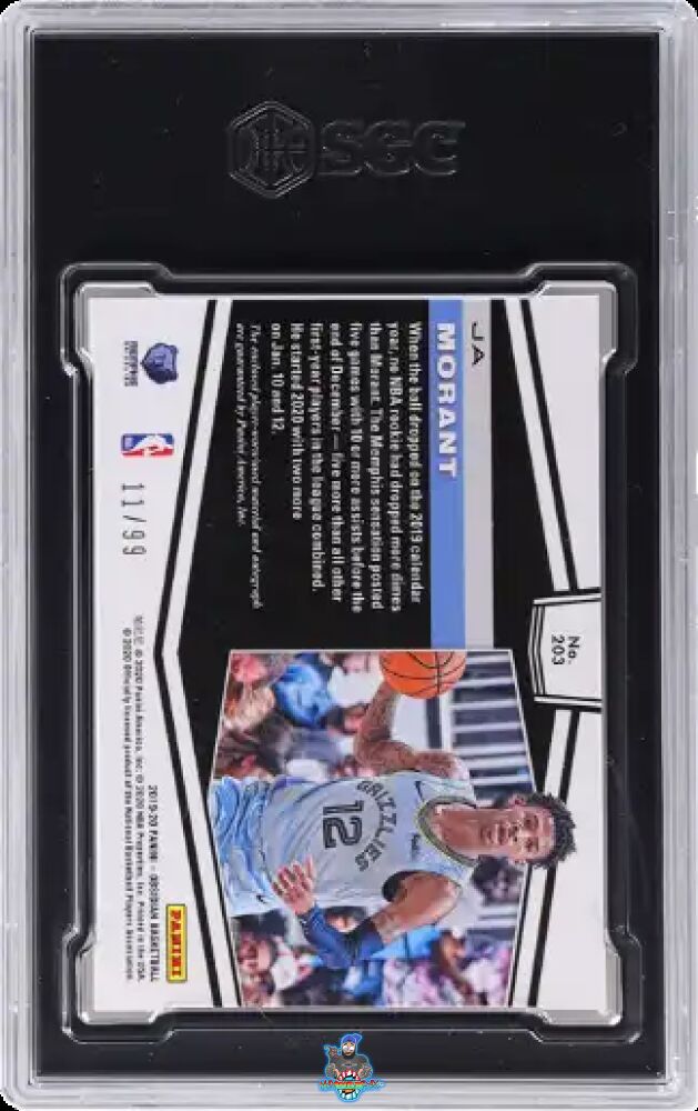 Back of 2019 Panini Obsidian Jersey Auto. Ja Morant #203