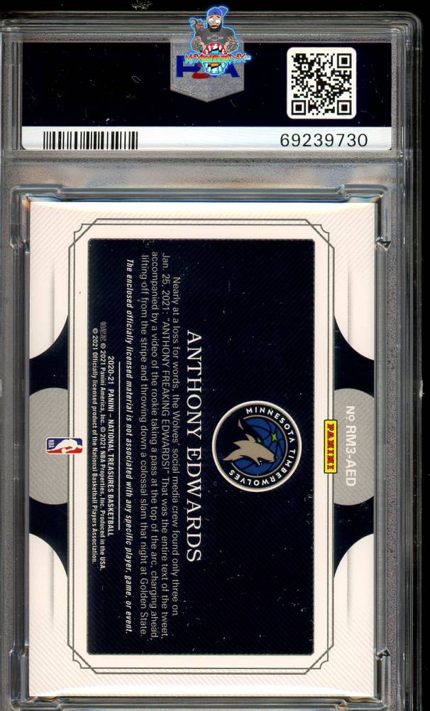 Back of 2020 National Treasures Rookie Triple Materials Anthony Edwards #21 /99