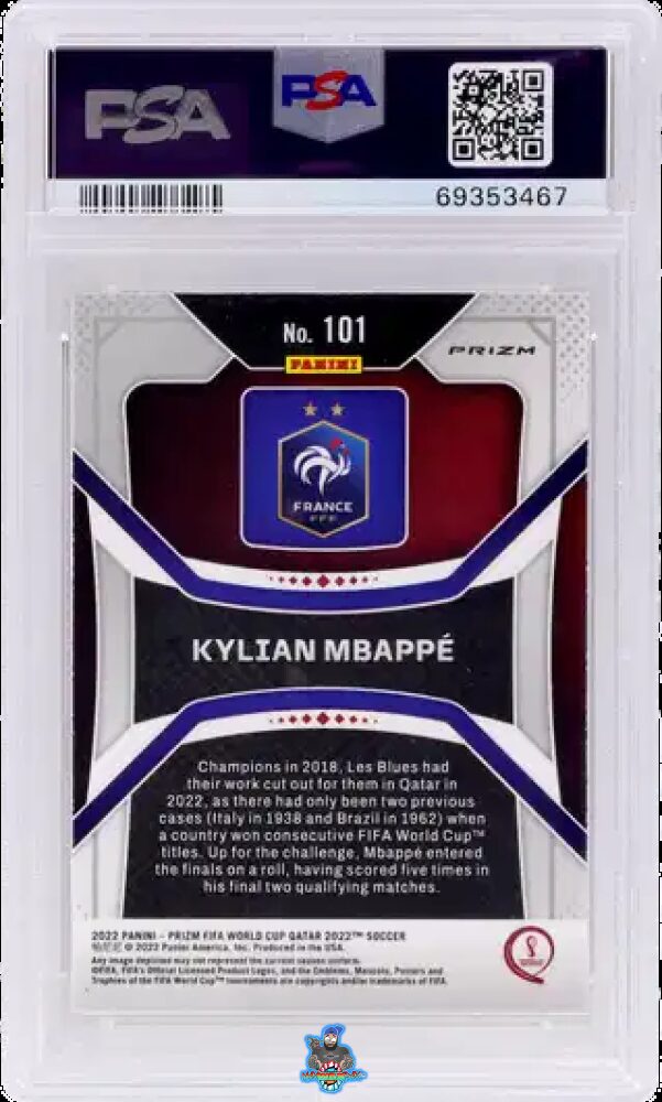 Back of 2022 Panini Prizm World Cup Qatar White Sparkle Prizm Kylian Mbappe #101