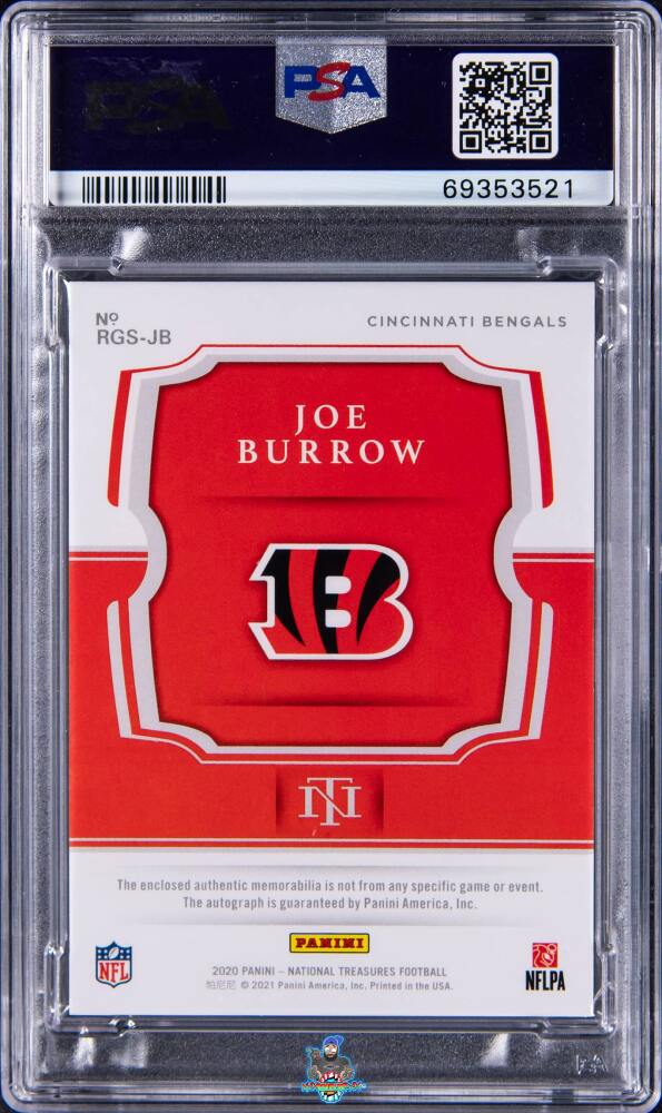 Back of 2020 National Treasures Rookie Gloves Signature Football NFL Shield Joe Burrow #JB /1