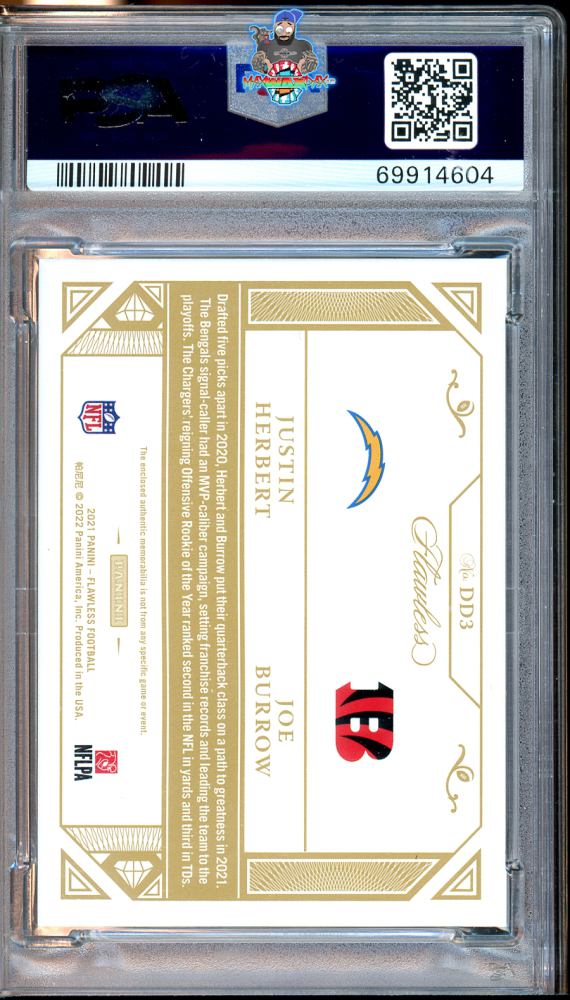 Back of 2021 Panini Flawless Dual Diamond Memorabilia Silver Joe Burrow/Justin Herbert #3 /20