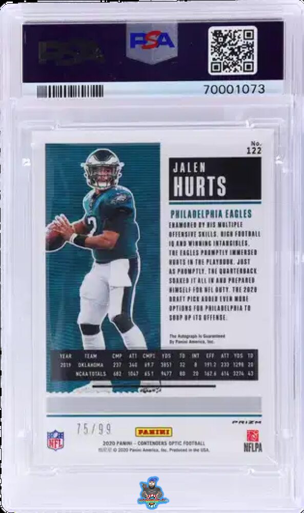 Back of 2020 Panini Contenders Optic Team Logo Rookie Ticket Autograph Teal Jalen Hurts #122 /99