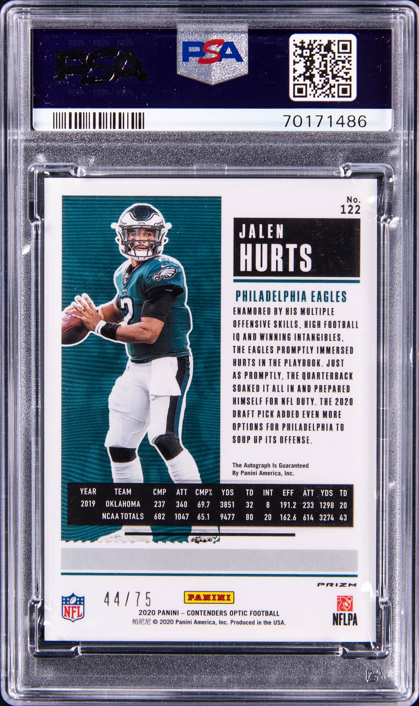 Back of 2020 Panini Contenders Optic Rookie Ticket Autograph Blue Jalen Hurts #122 /75