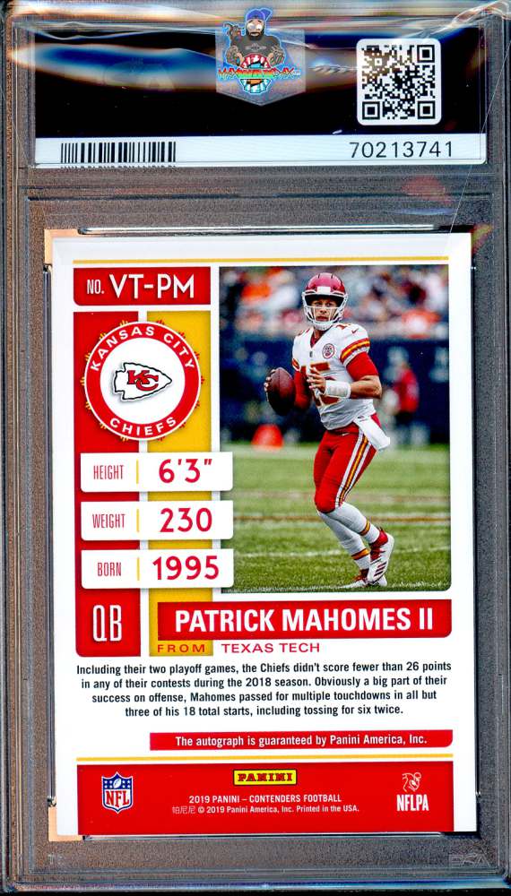 Back of 2019 Panini Contenders Veteran Ticket Autograph Cracked Ice Patrick Mahomes II #VT-PM /23