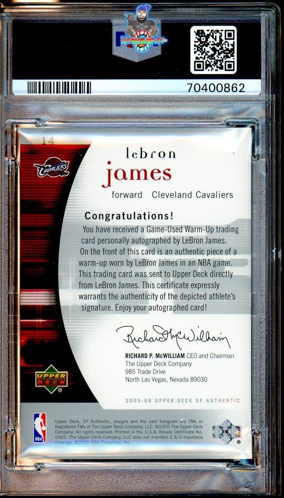 Back of 2005 SP Authentic Limited Warm Ups Patch Autograph LeBron James #14 /100