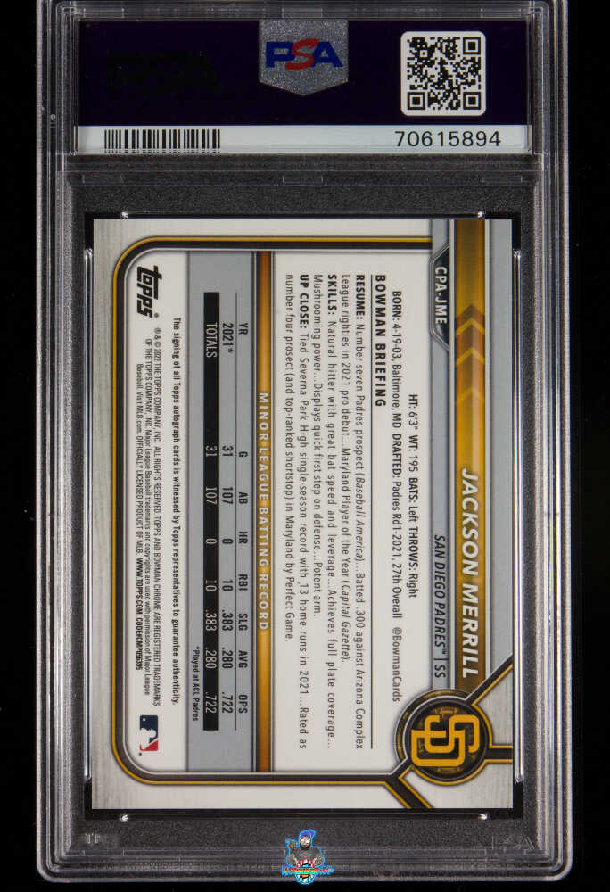 Back of 2022 Bowman Chrome Prospect Autograph Speckle Refractor Jackson Merrill #CPAJME /299