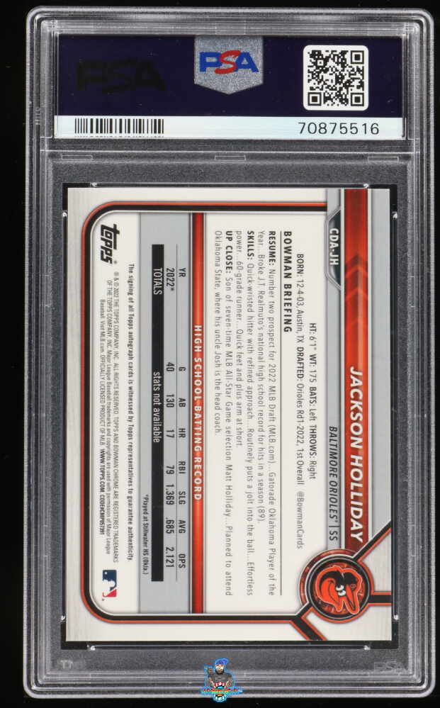 Back of 2022 Bowman Draft Chrome Autograph Gold Refractor Jackson Holliday #CDAJH /50