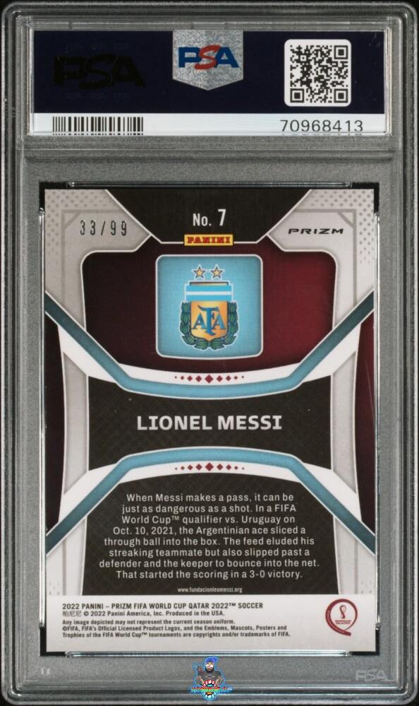 Back of 2022 Panini Prizm World Cup Prizms Breakaway Red Lionel Messi #7 /99