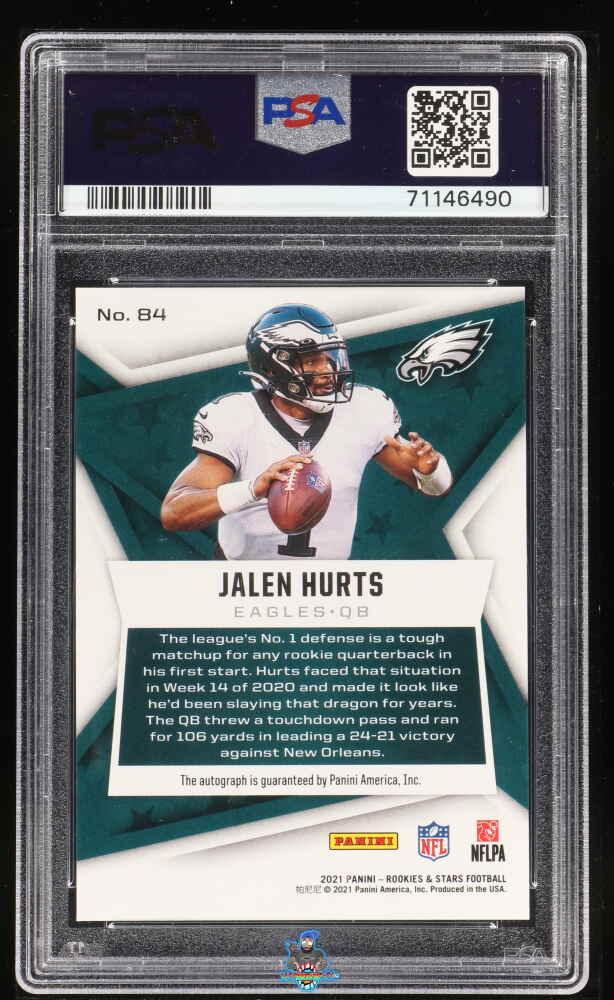 Back of 2021 Panini Rookies and Stars Signature Platinum Jalen Hurts #84 /1