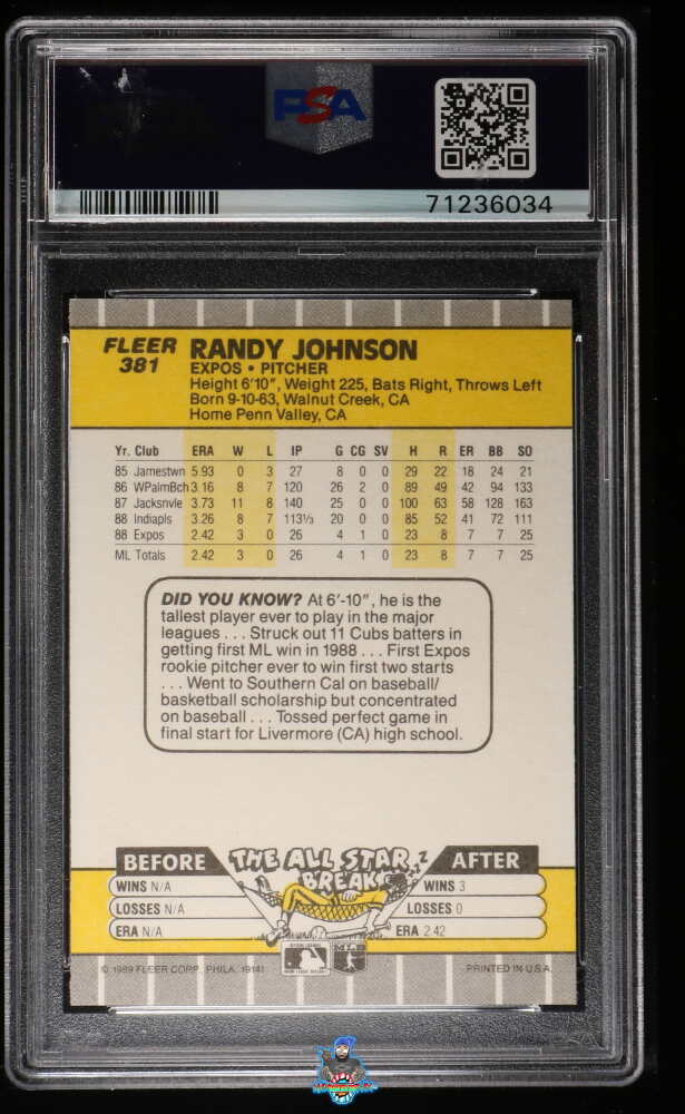 Back of 1989 Fleer Ad Partially Obscured Randy Johnson #381C