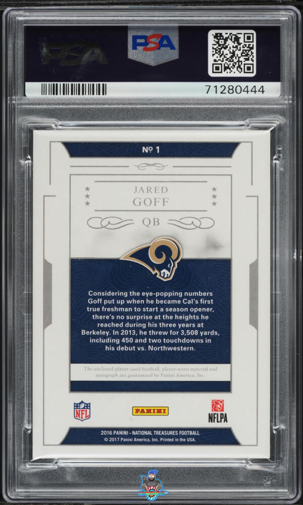 Back of 2016 National Treasures Rookie NFL Gear Quad Material Signature Prime Jared Goff #1 /1