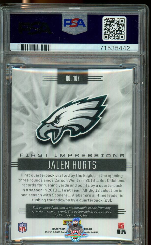 Back of 2020 Panini Illusions Autograph Memorabilia Purple Jalen Hurts #107 /1