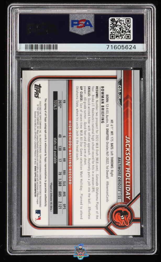 Back of 2022 Bowman Draft Chrome Autograph Blue Refractor Jackson Holliday #CDAJH /150