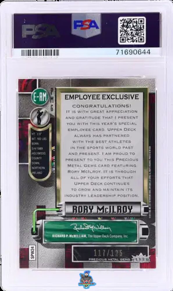 Back of 2013 Upper Deck Employee Exclusive Precious Metal Gems Purple Rory Mcilroy #ERM /125
