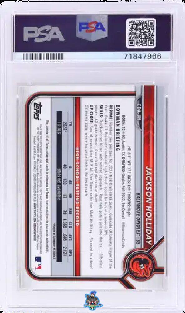 Back of 2022 Bowman Draft Chrome Autograph Gold Refractor Jackson Holliday #CDAJH /50